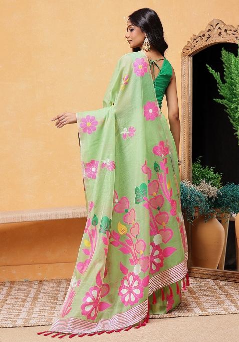 Green Embroidered Cotton Blend Pre Stitched Saree