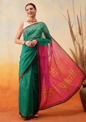 Green Embroidered Cotton Blend Pre Stitched Saree