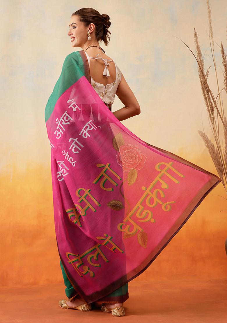 Green Embroidered Cotton Blend Pre Stitched Saree