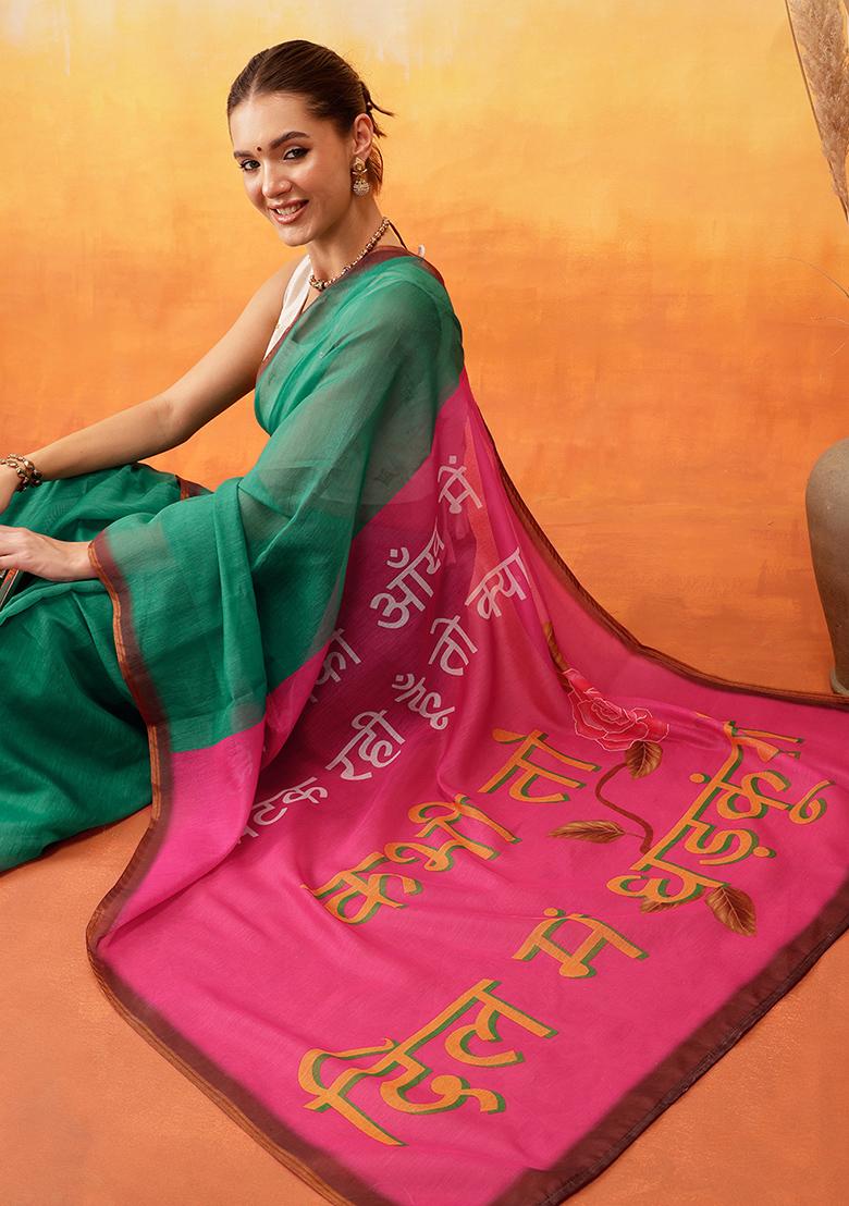 Green Embroidered Cotton Blend Pre Stitched Saree