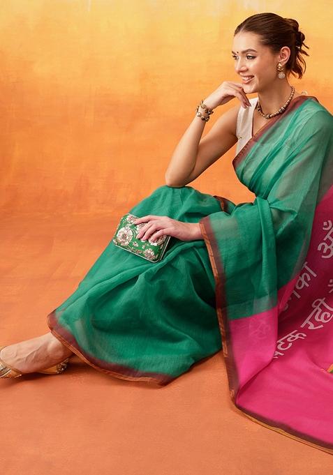 Green Embroidered Cotton Blend Pre Stitched Saree