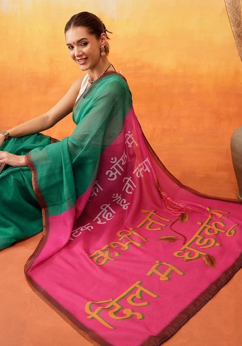 Green Embroidered Cotton Blend Pre Stitched Saree