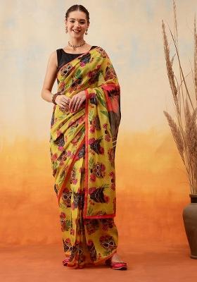 Mustard Yellow Embroidered Cotton Blend Pre Stitched Saree