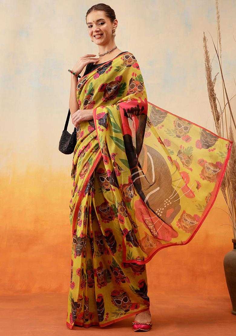 Mustard Yellow Embroidered Cotton Blend Pre Stitched Saree