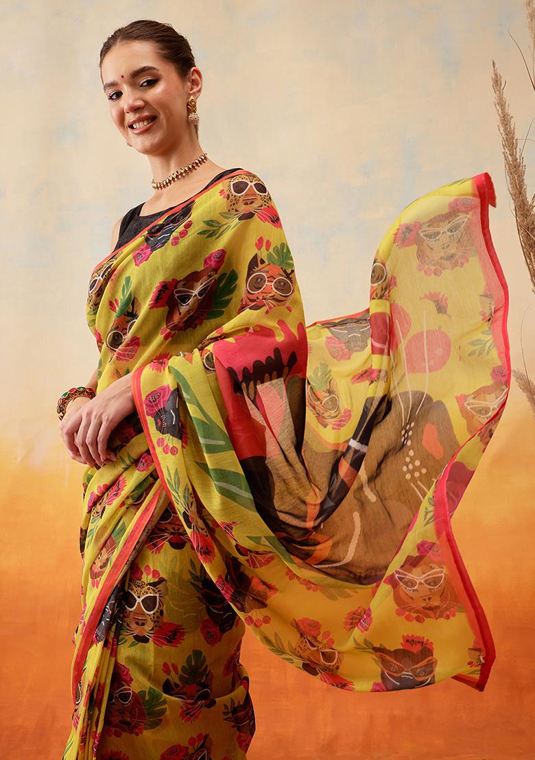 Mustard Yellow Embroidered Cotton Blend Pre Stitched Saree