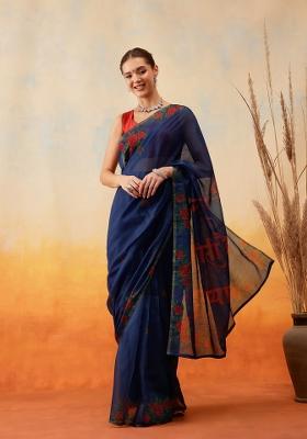 Navy Blue Embroidered Cotton Blend Pre Stitched Saree