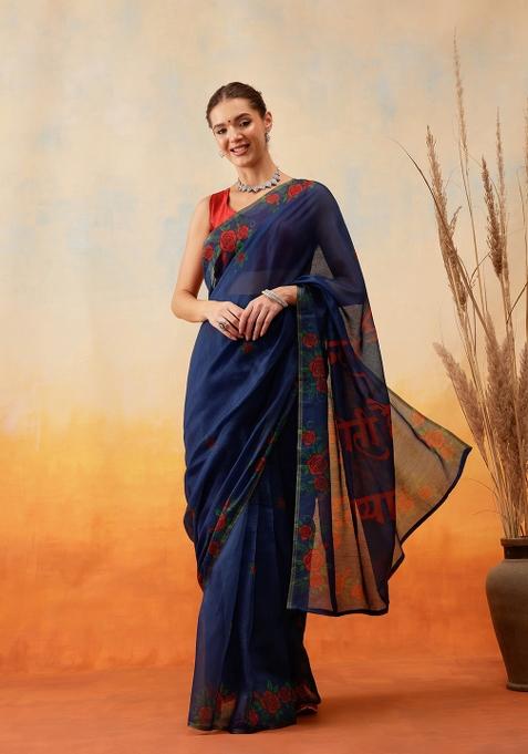 Navy Blue Embroidered Cotton Blend Pre Stitched Saree