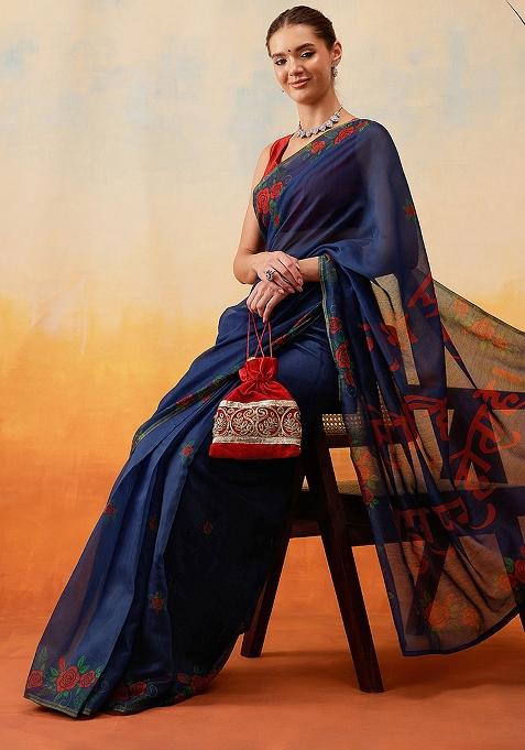 Navy Blue Embroidered Cotton Blend Pre Stitched Saree