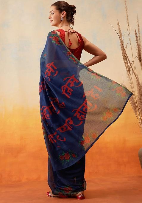 Navy Blue Embroidered Cotton Blend Pre Stitched Saree