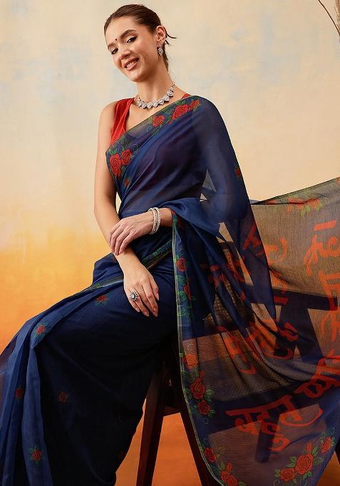 Navy Blue Embroidered Cotton Blend Pre Stitched Saree