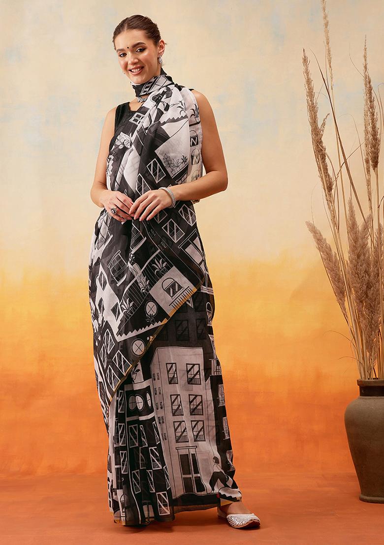 White Embroidered Cotton Blend Pre Stitched Saree