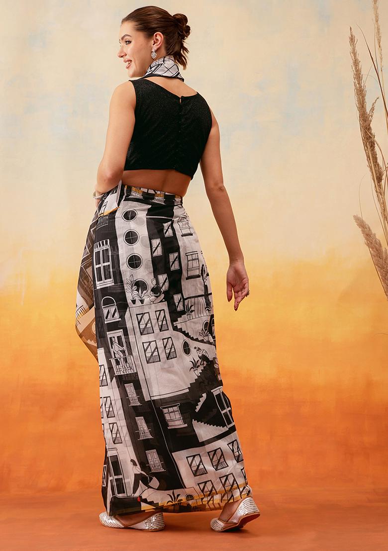 White Embroidered Cotton Blend Pre Stitched Saree