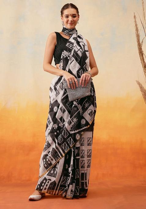 White Embroidered Cotton Blend Pre Stitched Saree