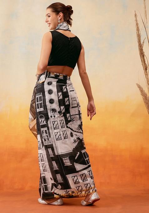 White Embroidered Cotton Blend Pre Stitched Saree