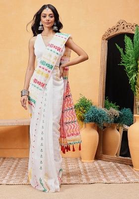Off White Embroidered Cotton Blend Pre Stitched Saree