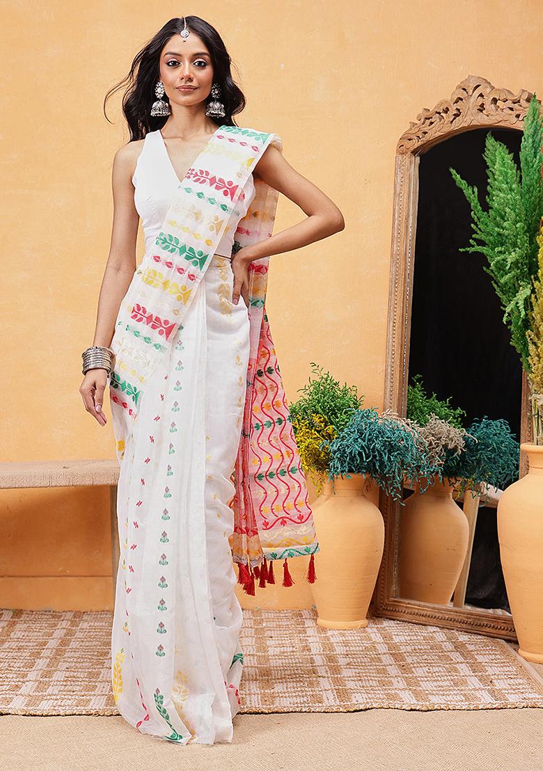 Off White Embroidered Cotton Blend Pre Stitched Saree