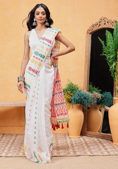 Off White Embroidered Cotton Blend Pre Stitched Saree