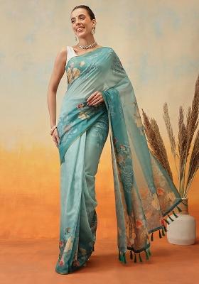 Teal Blue Embroidered Cotton Blend Pre Stitched Saree