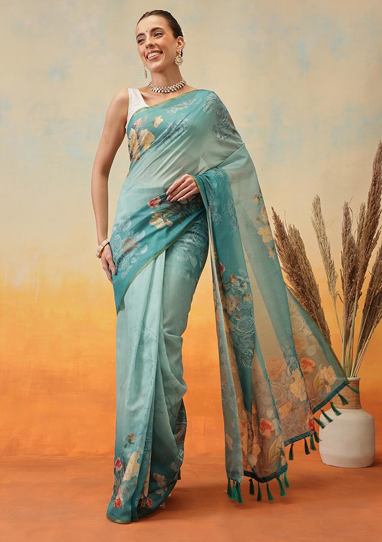Teal Blue Embroidered Cotton Blend Pre Stitched Saree