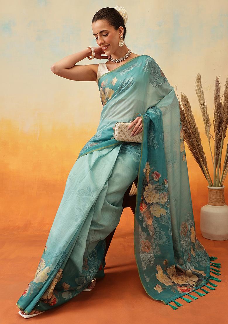 Teal Blue Embroidered Cotton Blend Pre Stitched Saree