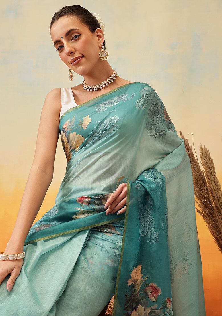 Teal Blue Embroidered Cotton Blend Pre Stitched Saree