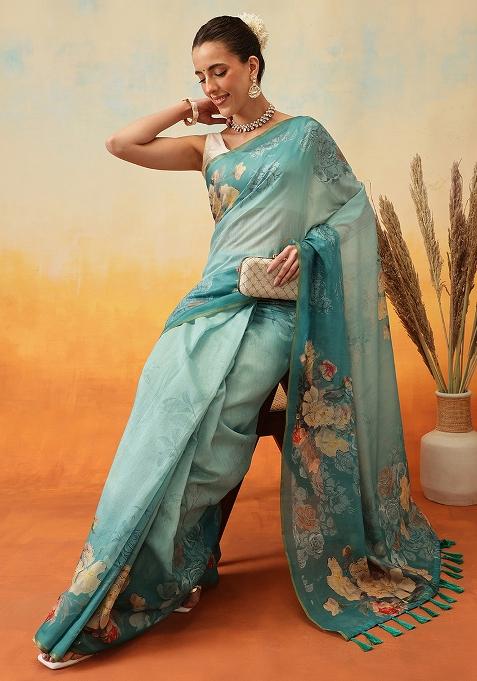 Teal Blue Embroidered Cotton Blend Pre Stitched Saree