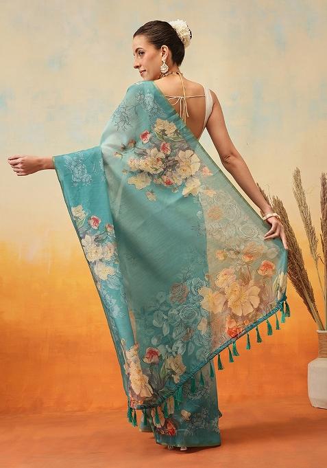 Teal Blue Embroidered Cotton Blend Pre Stitched Saree