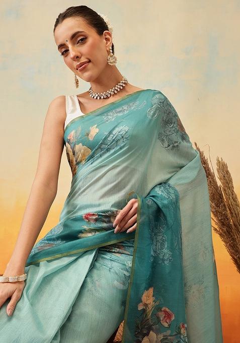 Teal Blue Embroidered Cotton Blend Pre Stitched Saree