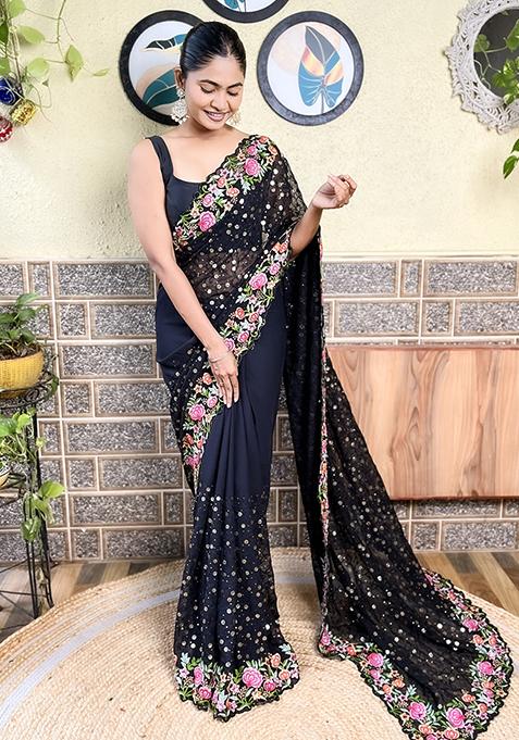 Black Embroidered Georgette Saree Set