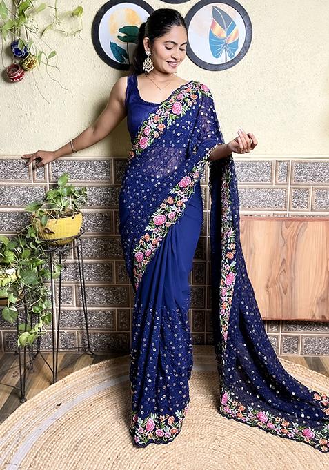 Nevy Blue Embroidered Georgette Saree Set
