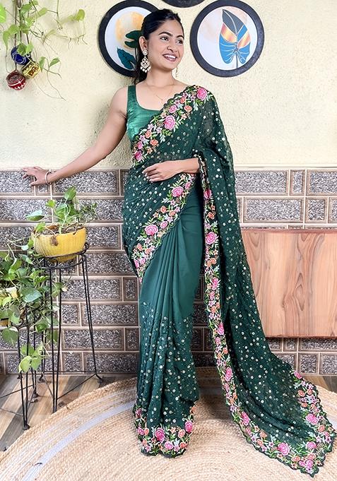 Green Embroidered Georgette Saree Set