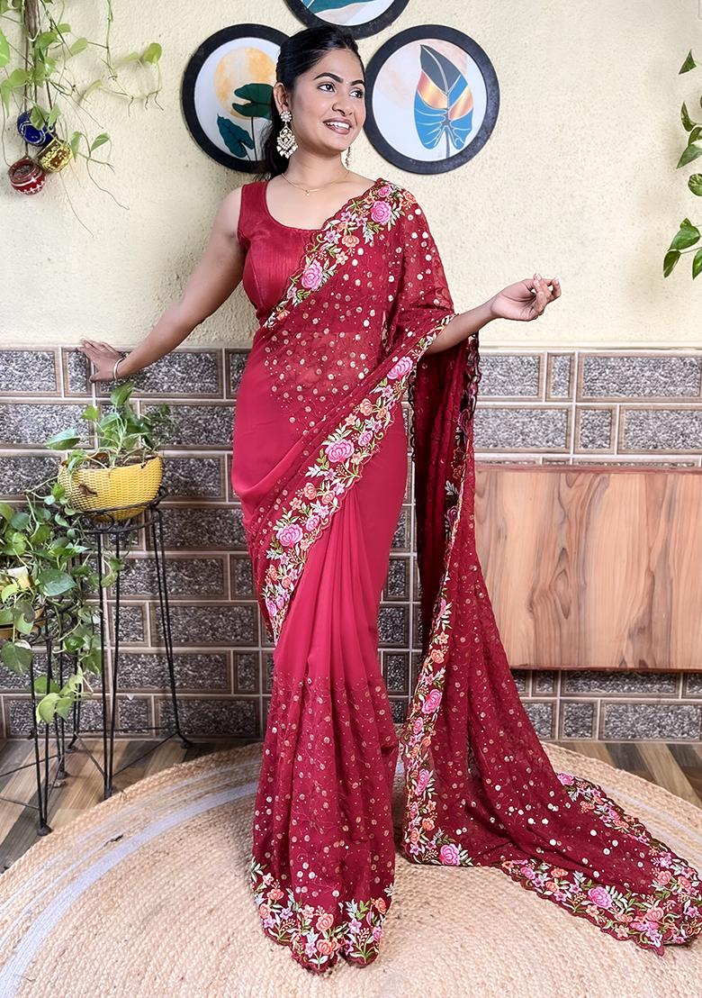 Maroon Embroidered Georgette Saree Set