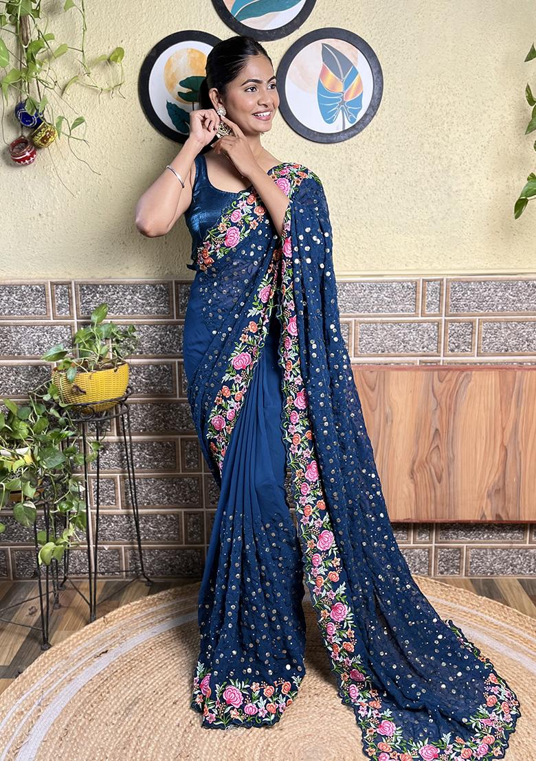 Blue Embroidered Georgette Saree Set