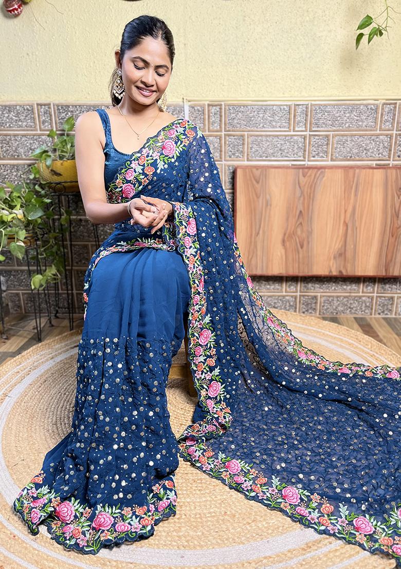 Blue Embroidered Georgette Saree Set