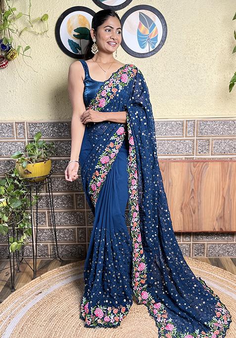Blue Embroidered Georgette Saree Set