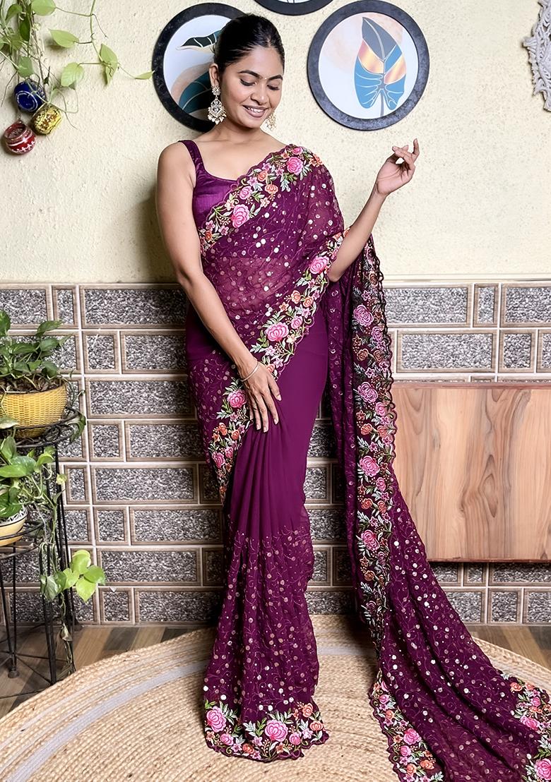 Wine Embroidered Georgette Saree Set