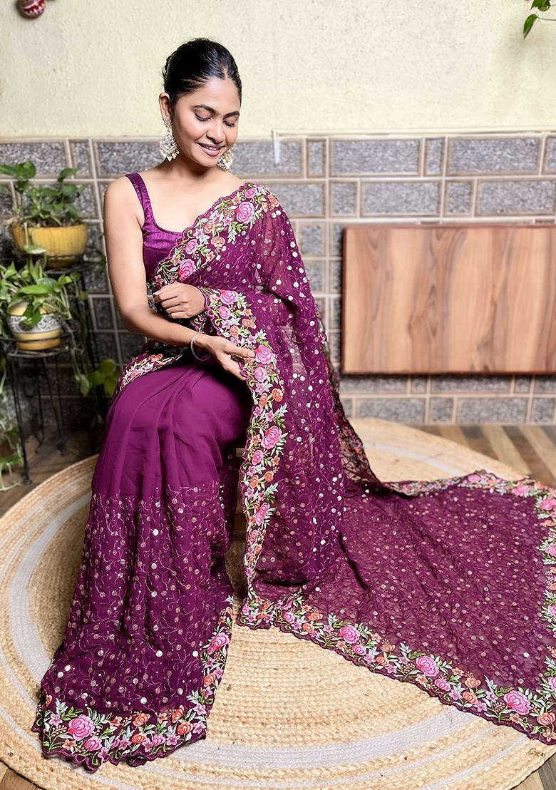 Wine Embroidered Georgette Saree Set