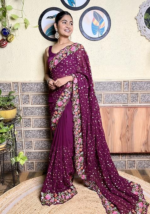 Wine Embroidered Georgette Saree Set
