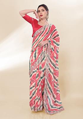 Off White Embroidered Georgette Saree Set