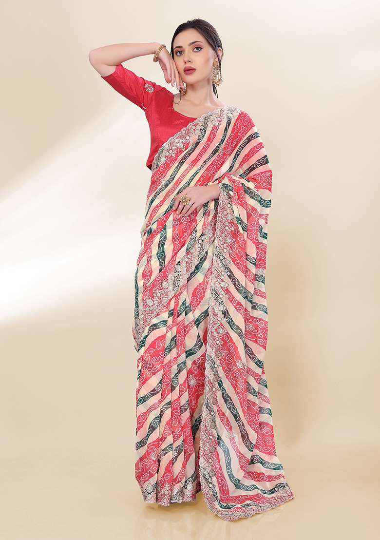 Off White Embroidered Georgette Saree Set - Indya
