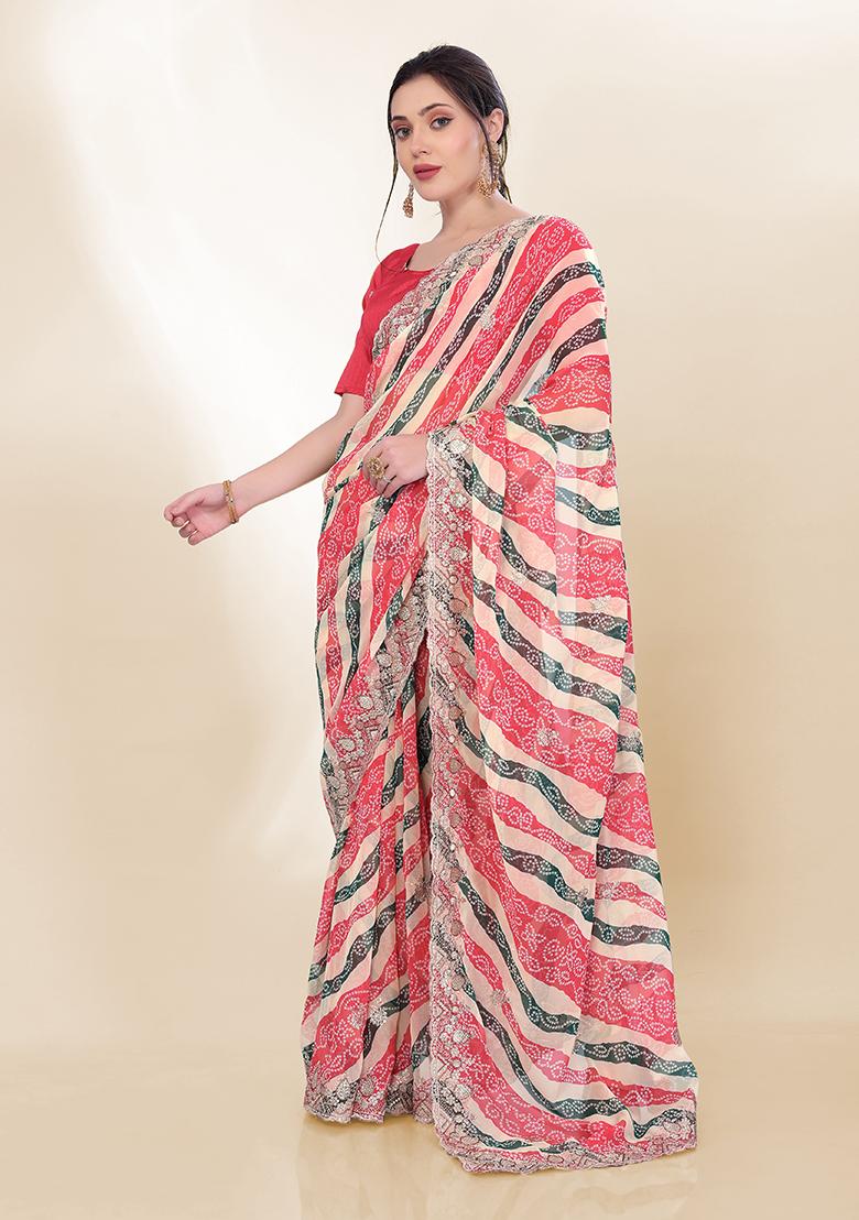 Off White Embroidered Georgette Saree Set