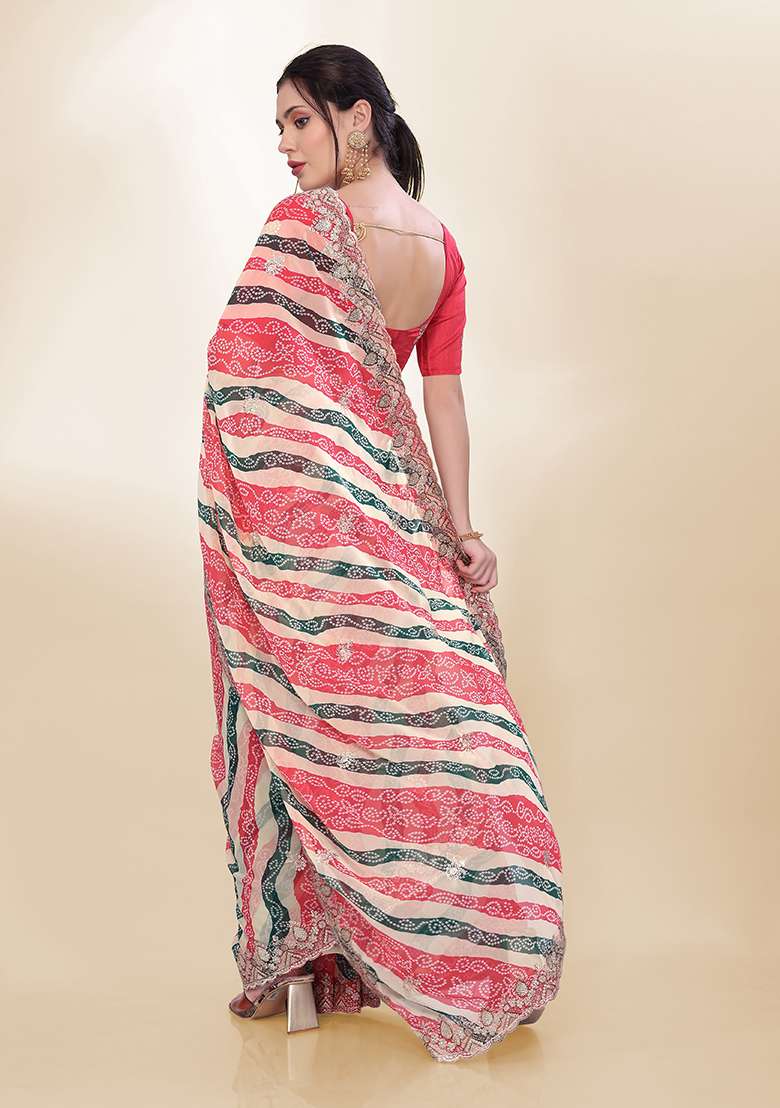 Off White Embroidered Georgette Saree Set - Indya