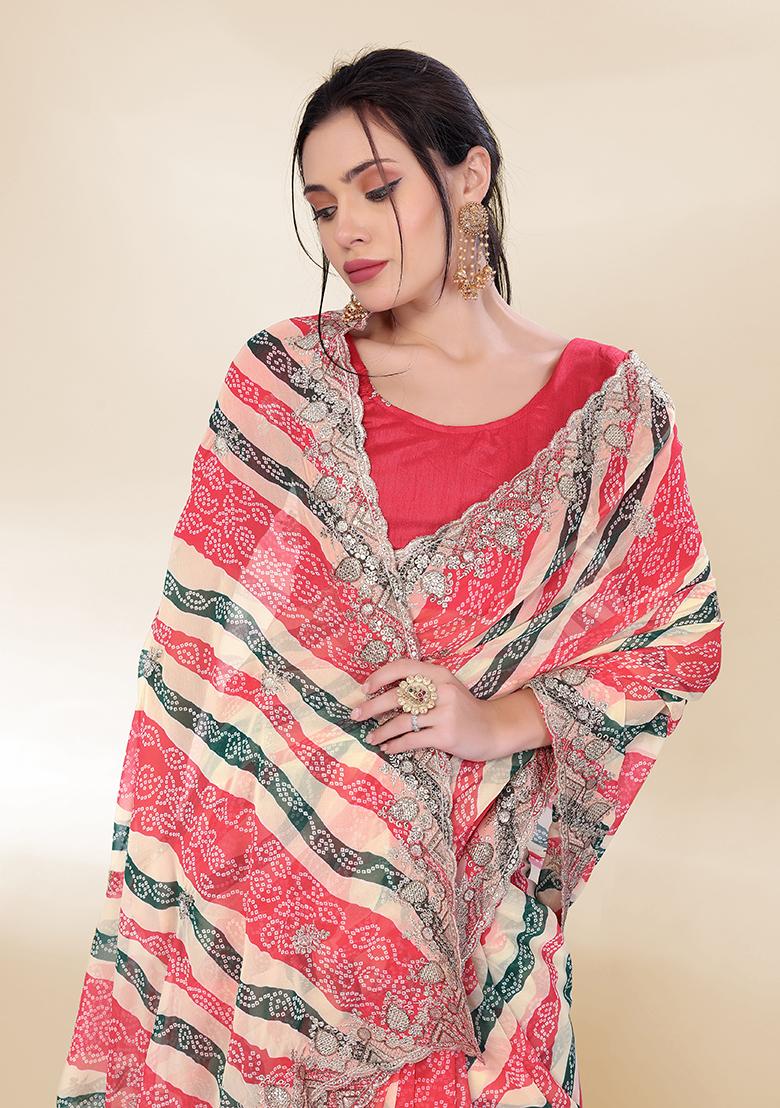 Off White Embroidered Georgette Saree Set