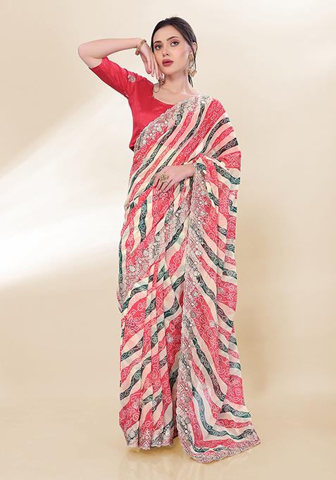 Off White Embroidered Georgette Saree Set