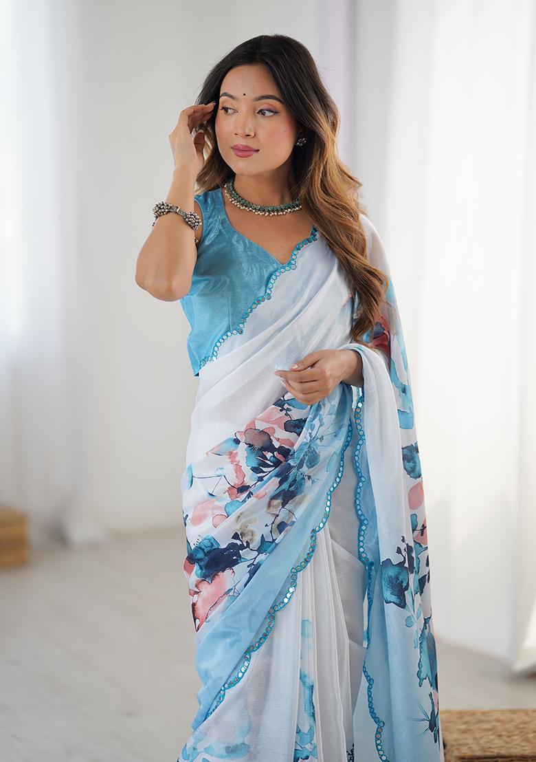 Blue Embroidered Chinon Saree Set
