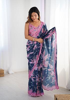 Blue Embroidered Chinon Saree Set