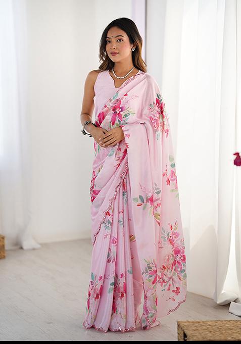 Pink Embroidered Chinon Saree Set