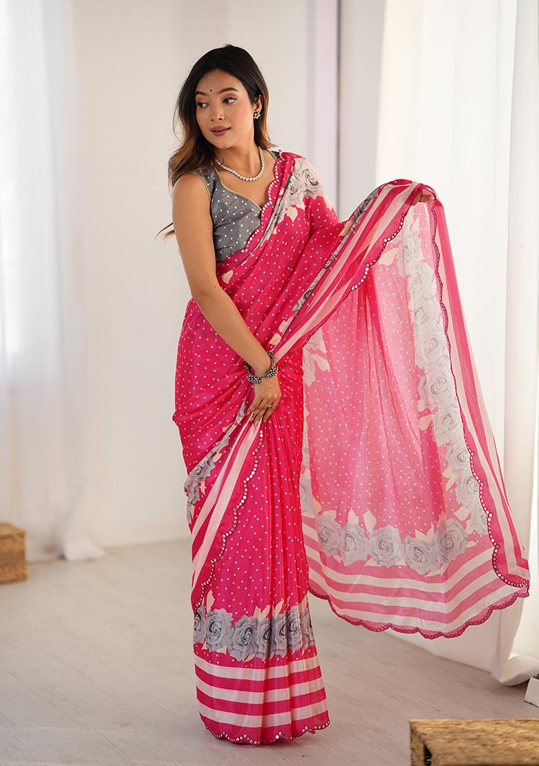 Pink Embroidered Chinon Saree Set