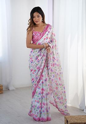 Off White Embroidered Chinon Saree Set