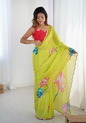 Green Embroidered Chinon Saree Set